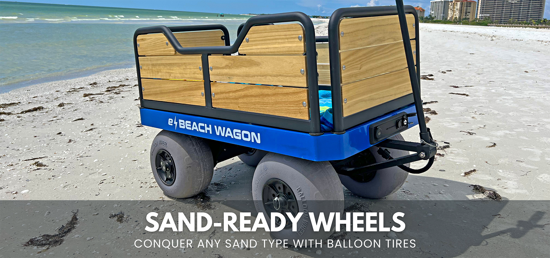 Sand-ready wheels with e-Beach Wagon