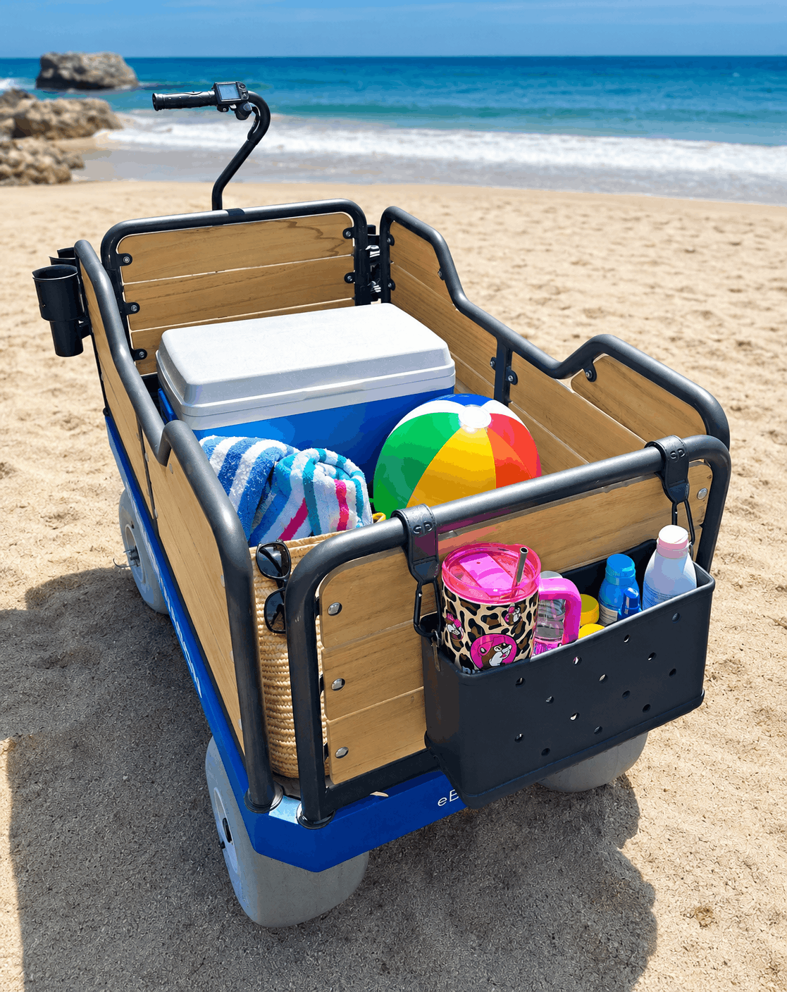 e-Beach Wagon's waterproof caddy holds sunscreen, wallets, phones, waterbottles, Stanley cups and more