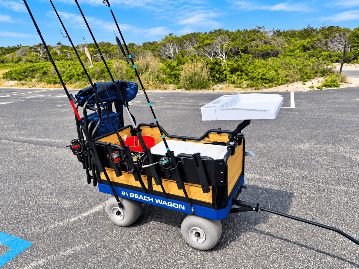 e-Beach Wagon, an electric motorized fishing cart with a 6-rod rack holder and fillet board
