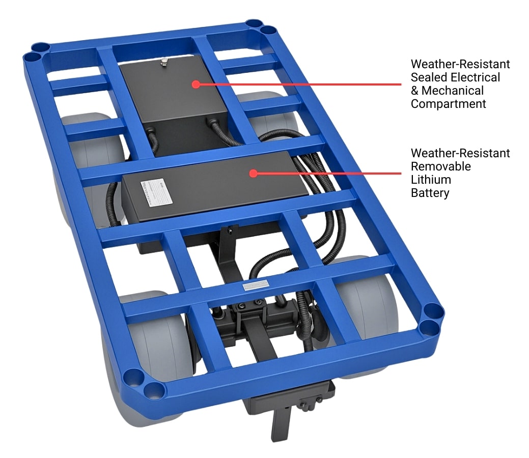 e-Beach Wagon&#39;s motor and Lithium battery are protected in sealed weather-resistant enclosures