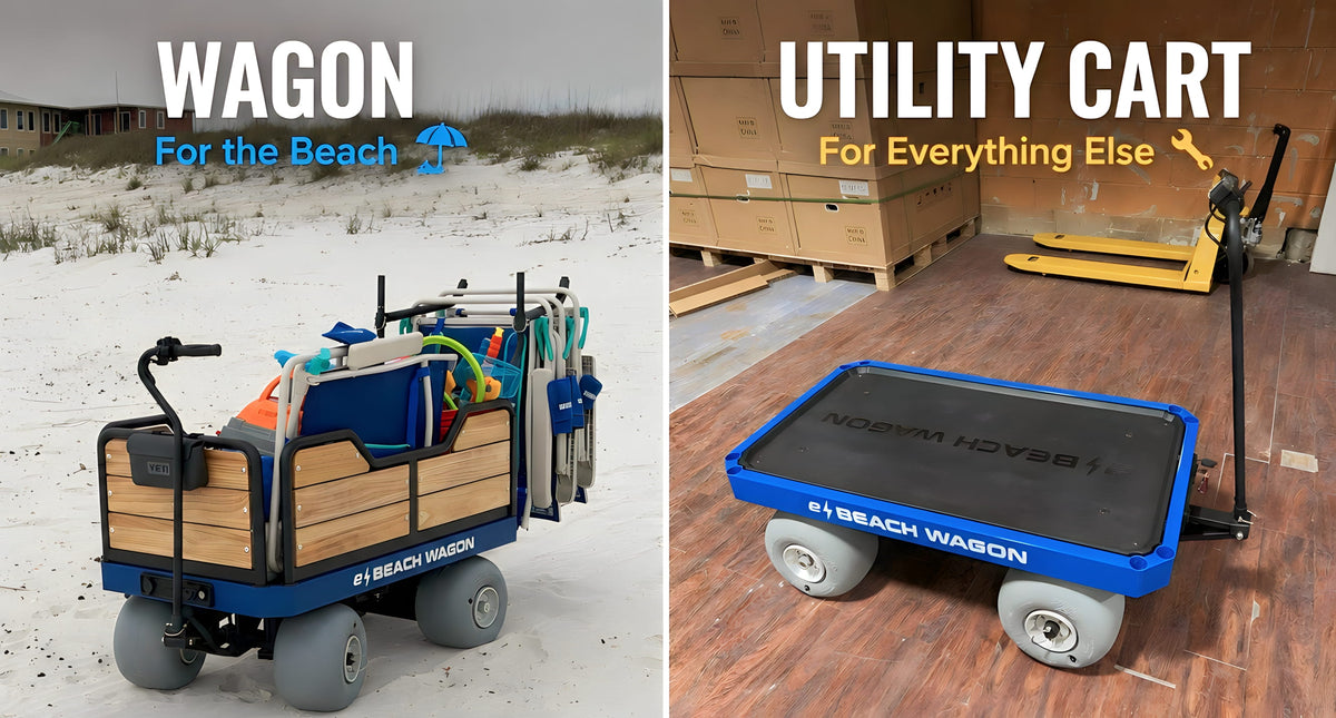 e-Beach Wagon doubles as a powered beach wagon and motorized utility cart
