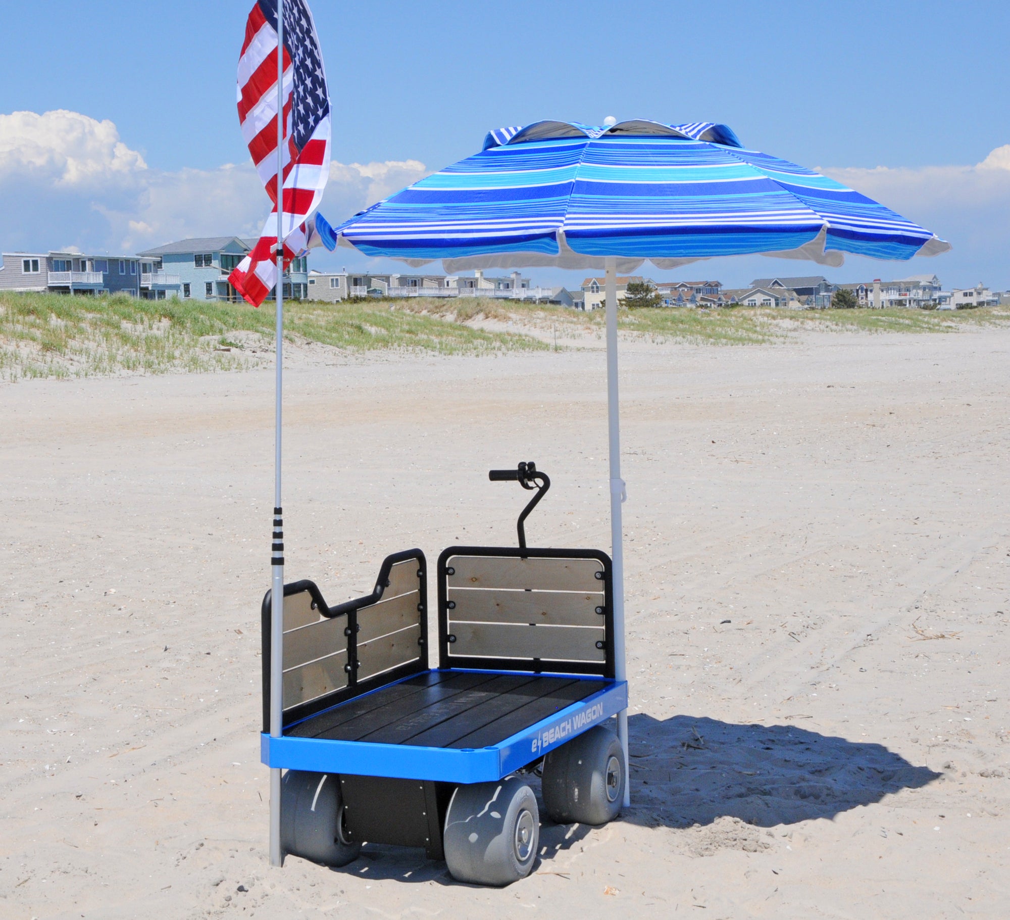 e-Beach Wagon outfitted with umbrella and flag holders