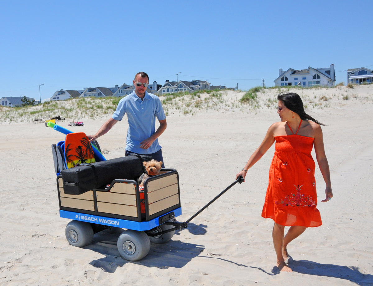 Family with powered electric beach cart, e-Beach Wagon, beach gear, and dog