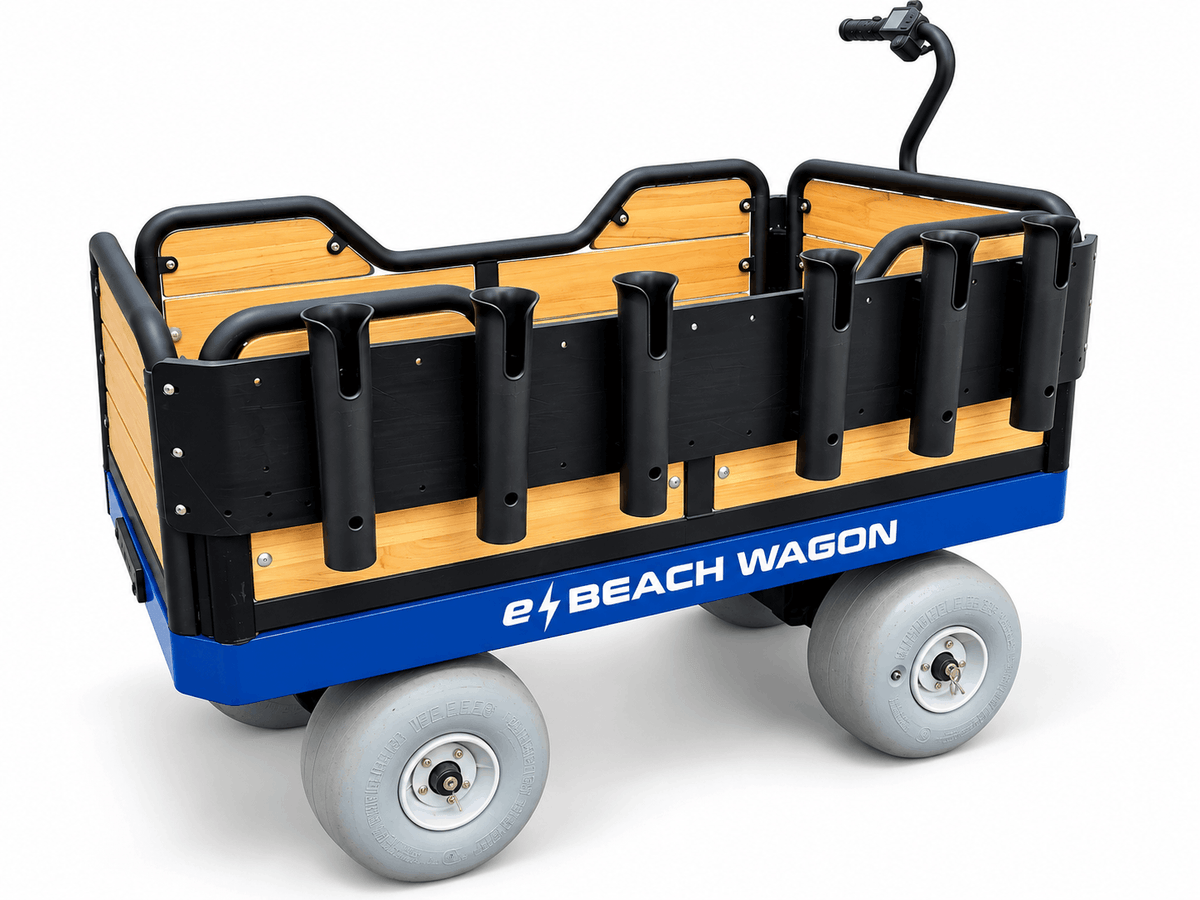 A powered beach wagon for soft sand outfitted with a 6-rod rack for holding fishing rods. 