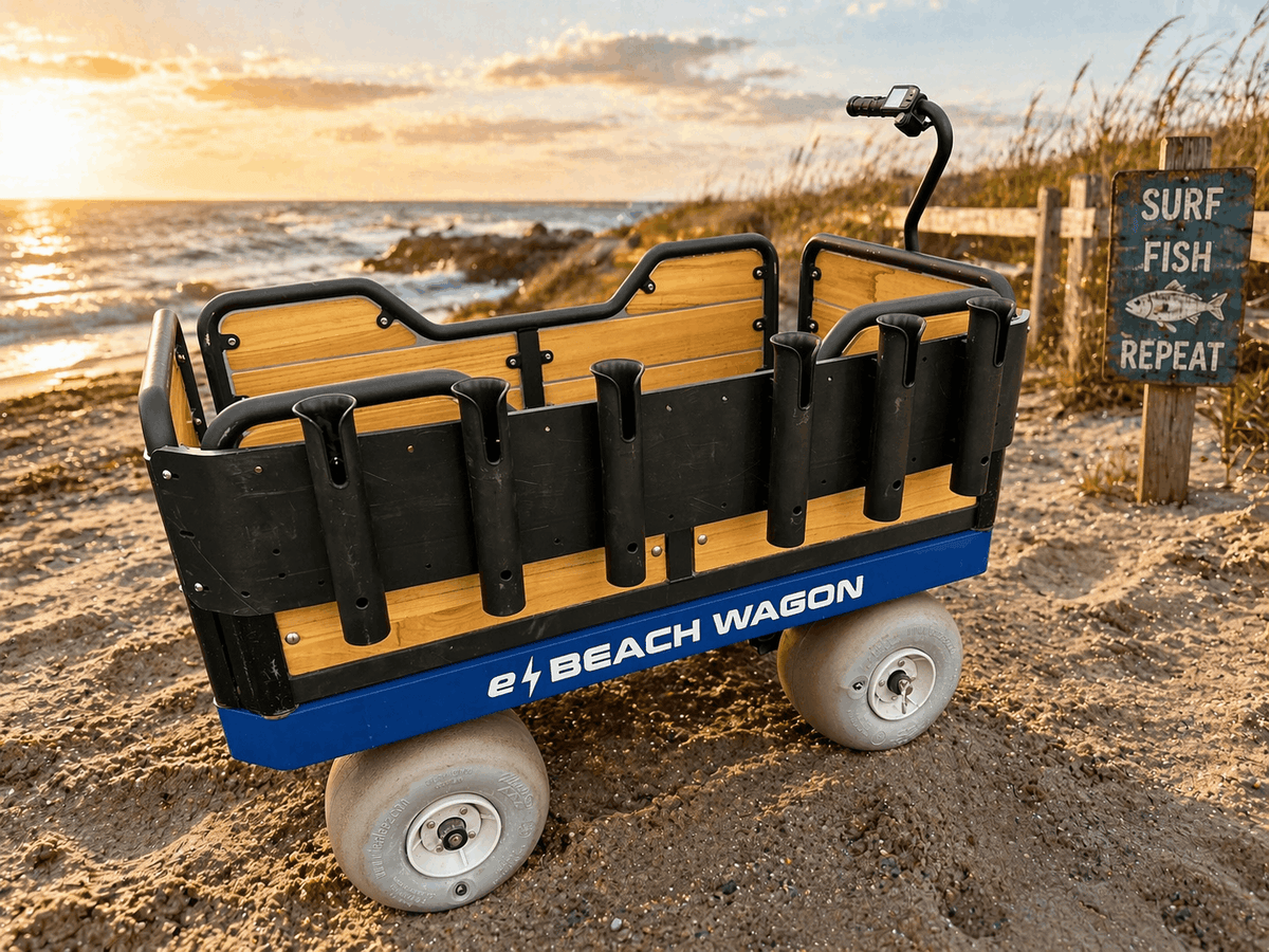 6-rod fishing rack mounted on e-Beach Wagon holding rods at adjustable angles on the beach