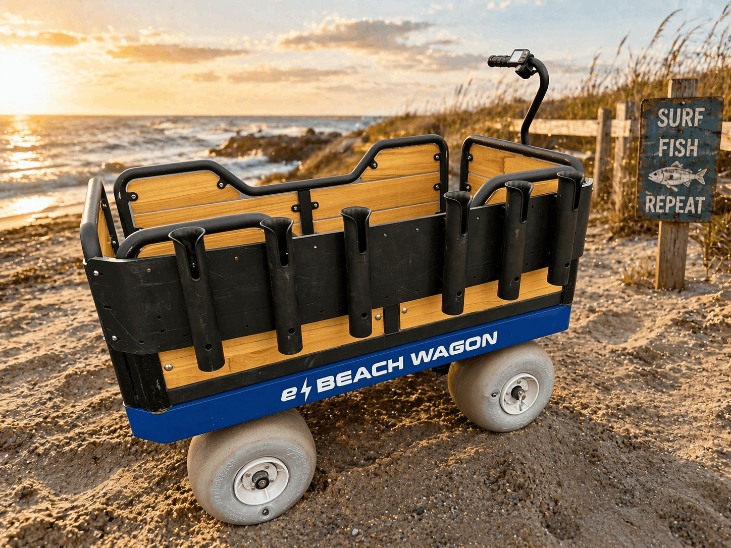 6-rod fishing rack mounted on e-Beach Wagon holding rods at adjustable angles on the beach