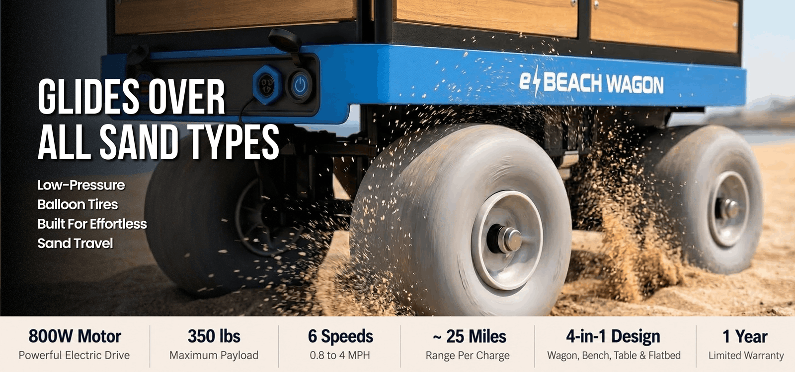e-Beach wagon with large sand tires built for navigating all sand types with low-pressure balloon tires