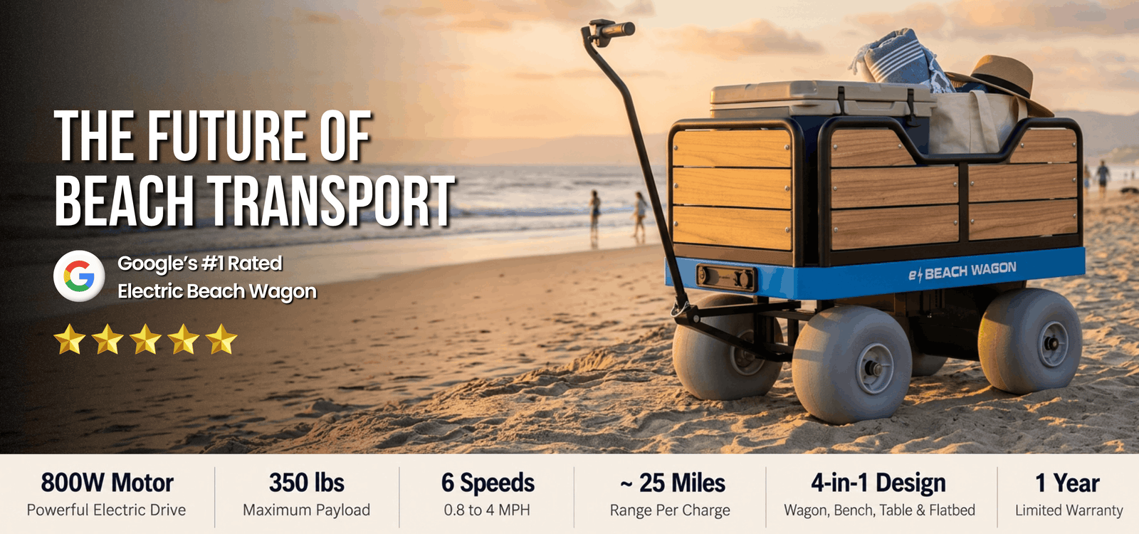Electric beach wagon on a sandy beach with sunset sky, featuring text about beach transport and electric vehicle rating. America's top rated electric beach cart.