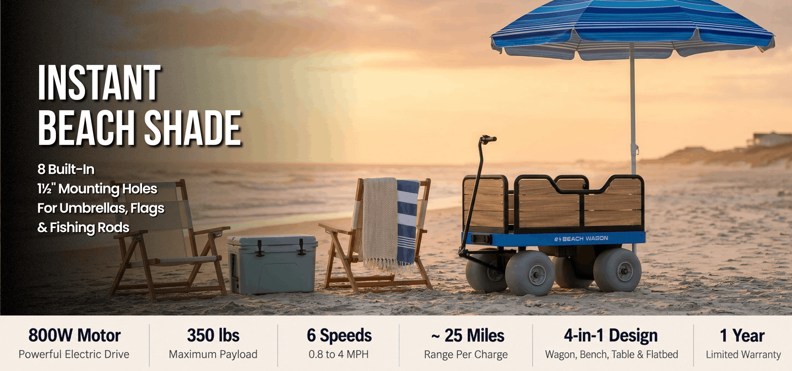 Instant Beach Shade electric beach wagon cart on a sandy beach at sunset, with a blue beach umbrella, lounge chairs, and a cooler beside it. 