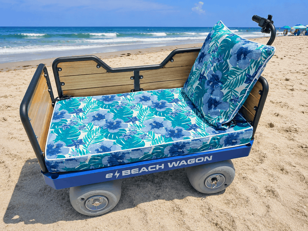 Water-repellent outdoor cushion set for e-Beach Wagon bench conversion at the beach.