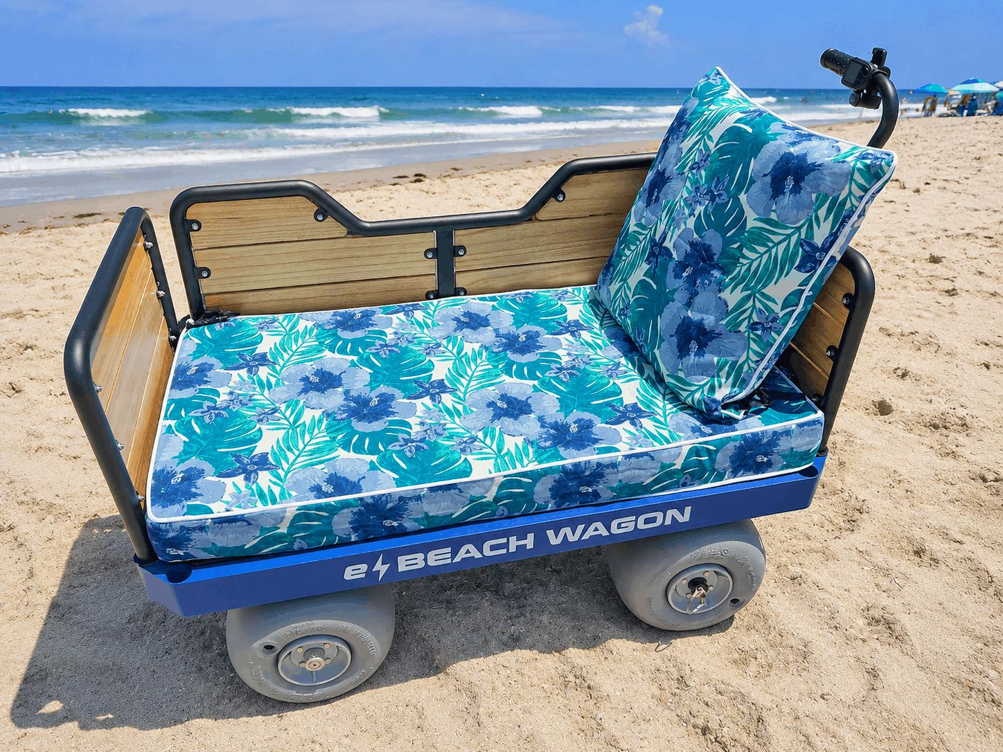 Water-repellent outdoor cushion set for e-Beach Wagon bench conversion at the beach.