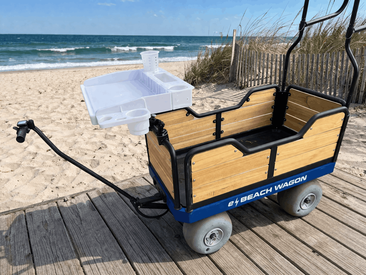 e-Beach Wagon rail-mount bait board with fish fillet setup on beach