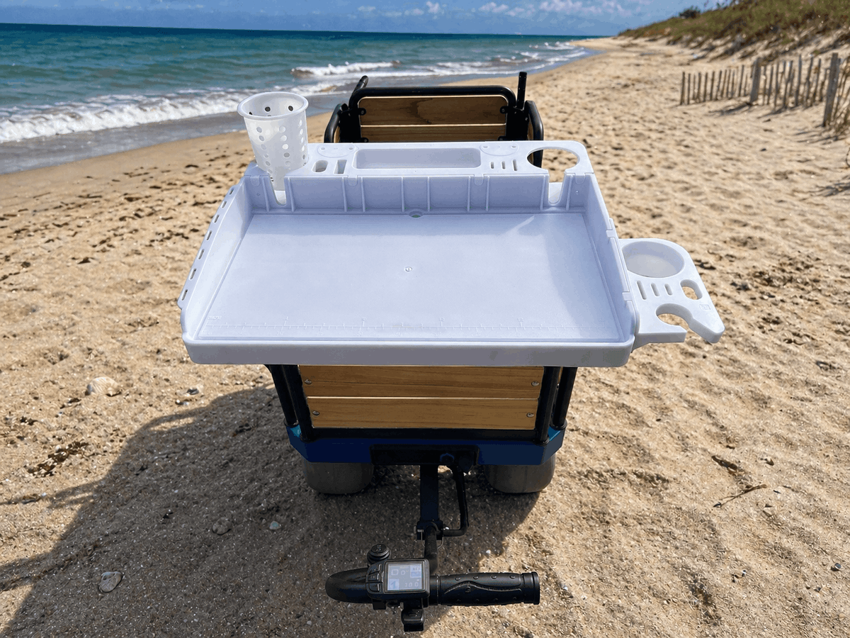 marine-grade bait prep board mounted on electric beach wagon for fishing