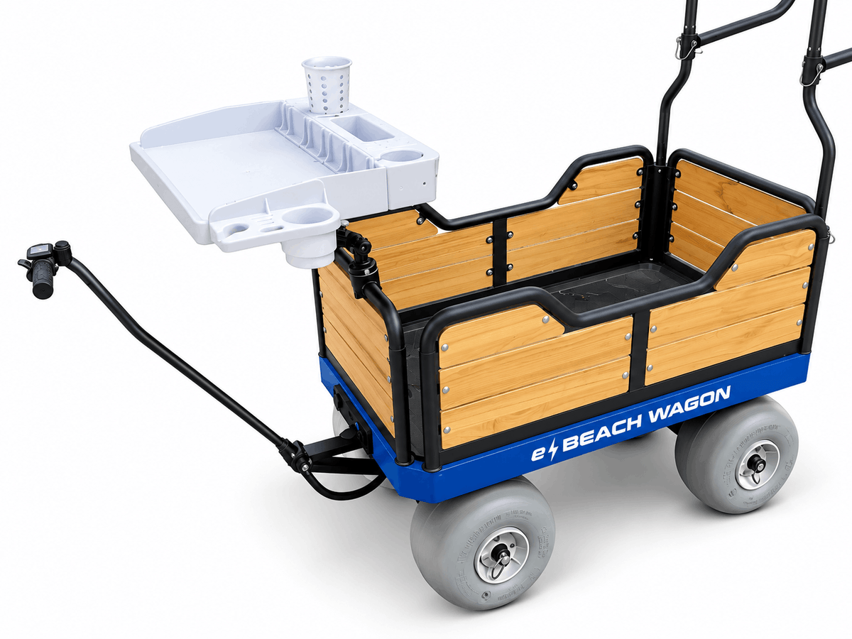 A powered beach cart, e-Beach Wagon, with two accessories attached: chair rack and white fillet board
