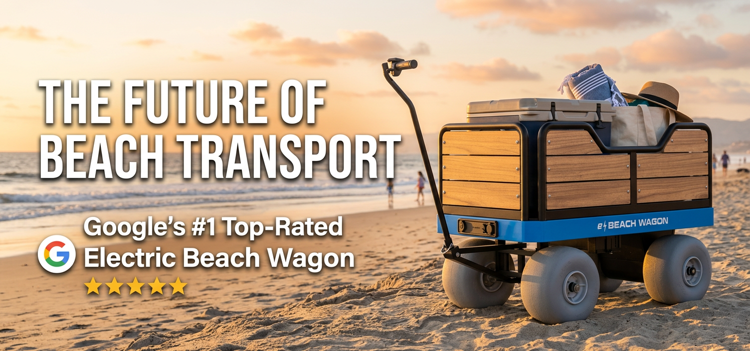 Electric beach wagon on a sandy beach with sunset in the background, labeled as Google's #1 Top-Rated Electric Beach Wagon.