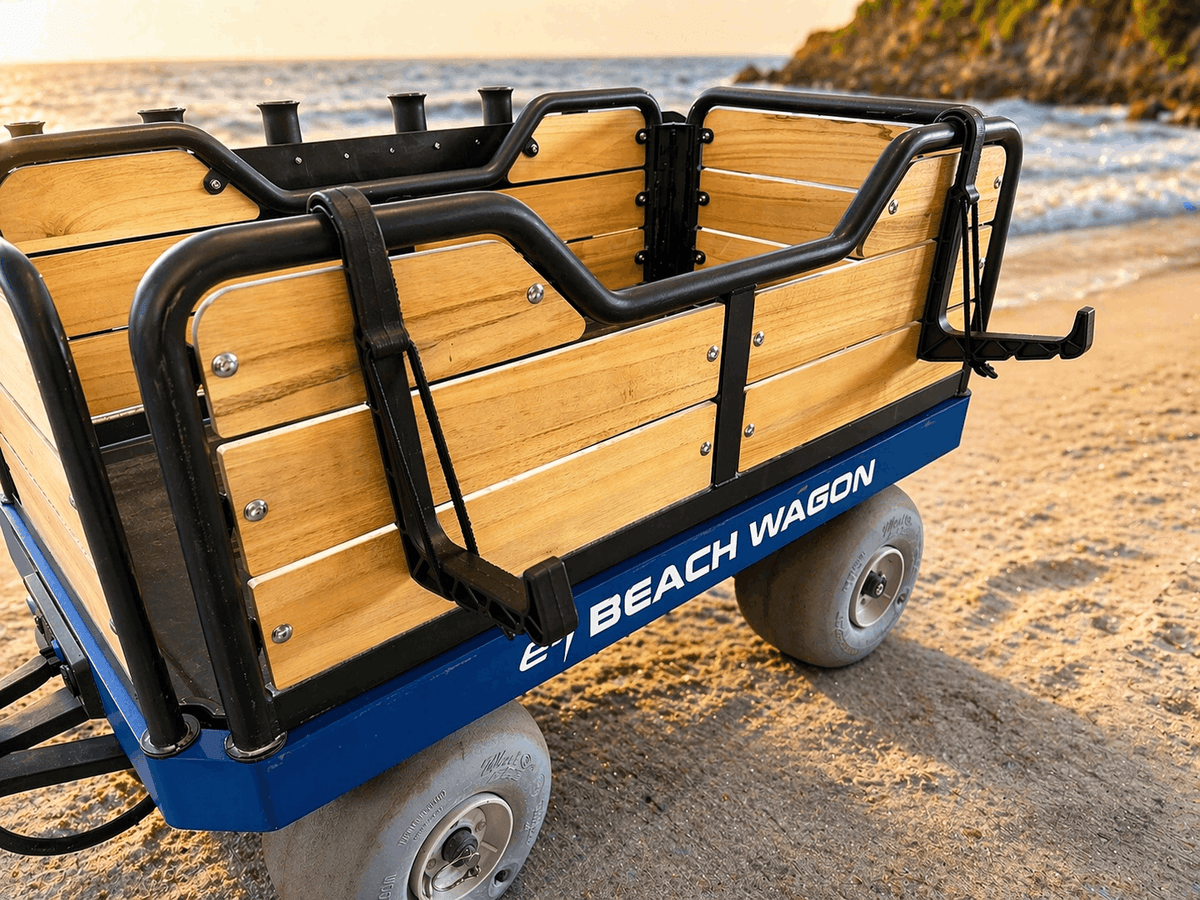 Rail-mounted sand spike holders on e-Beach Wagon carrying sand spikes externally to free up interior storage space