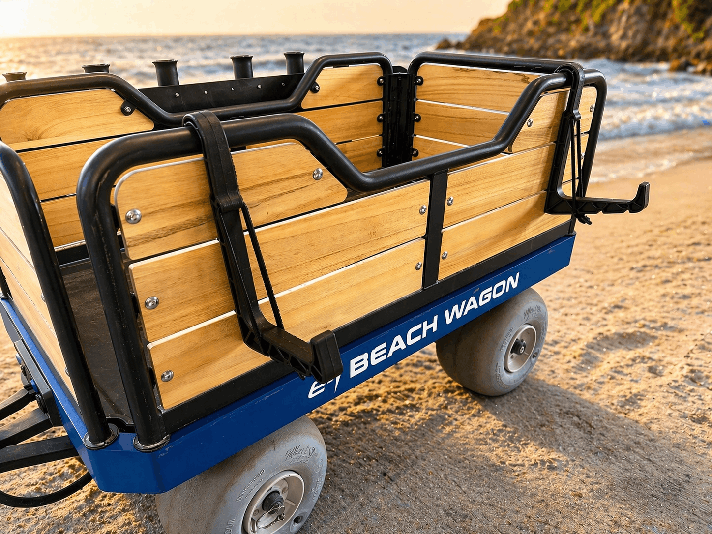 Rail-mounted sand spike holders on e-Beach Wagon carrying sand spikes externally to free up interior storage space