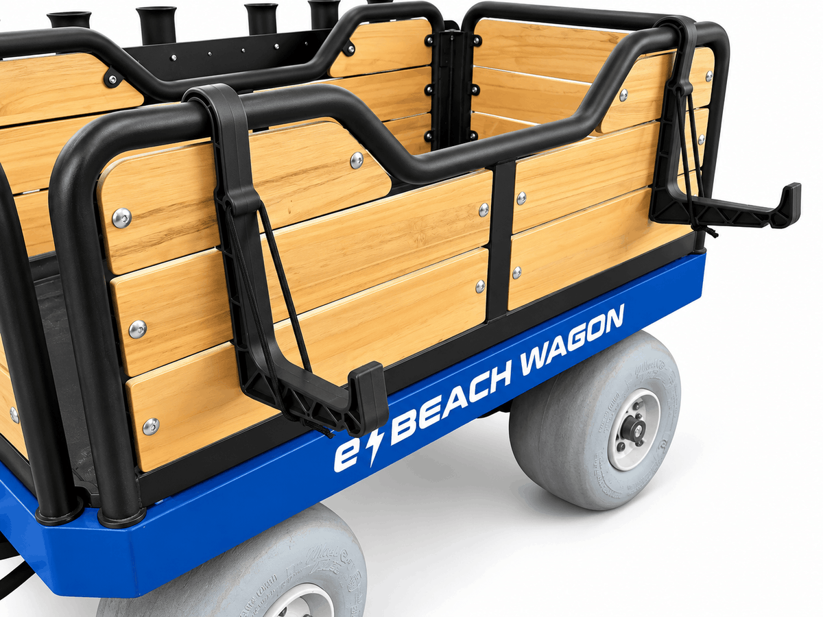 Close-up of an electric beach wagon showing the sand spike holders, a new accessory for anglers
