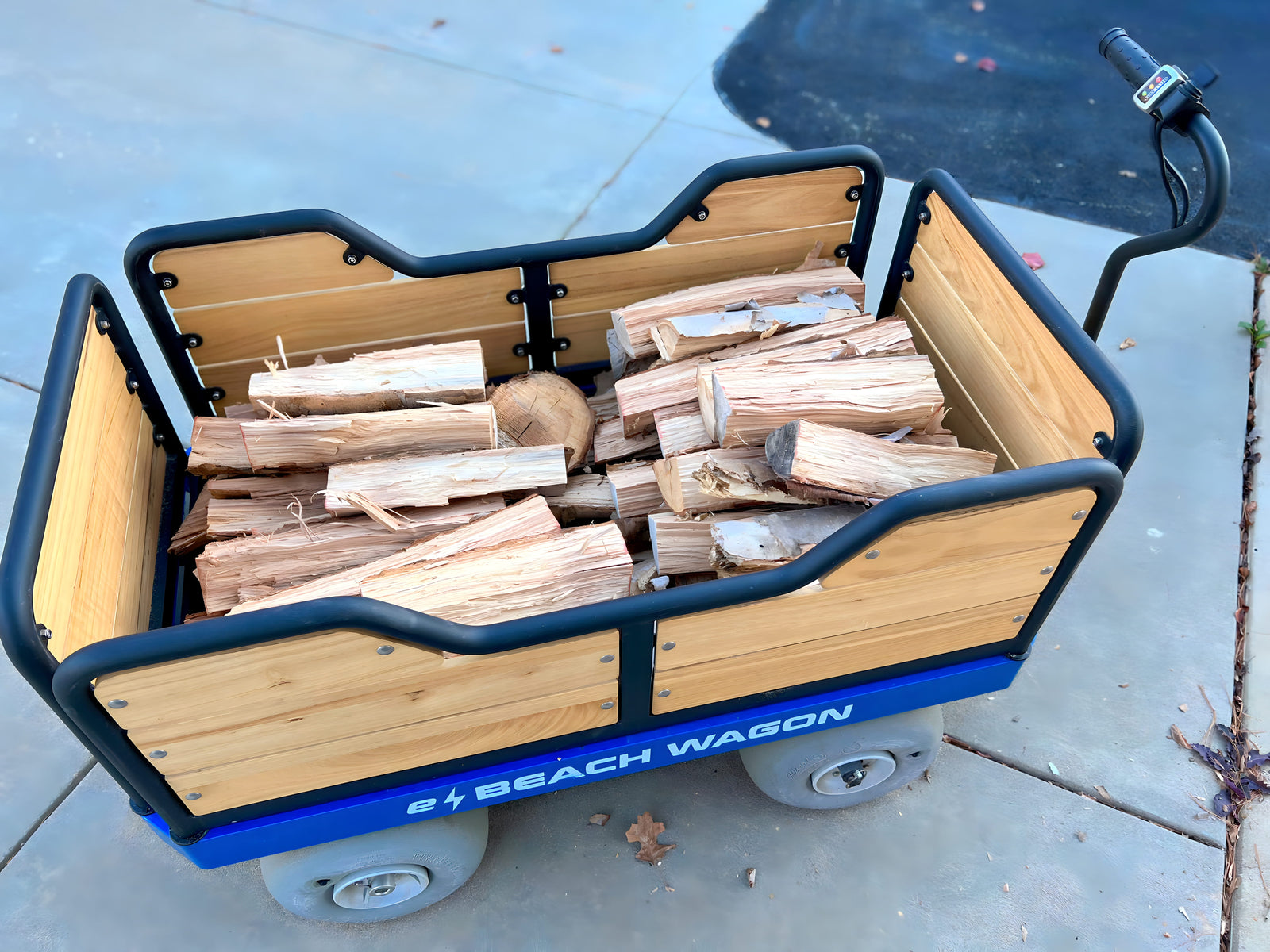 e-Beach Wagon filled with firewood on a concrete surface