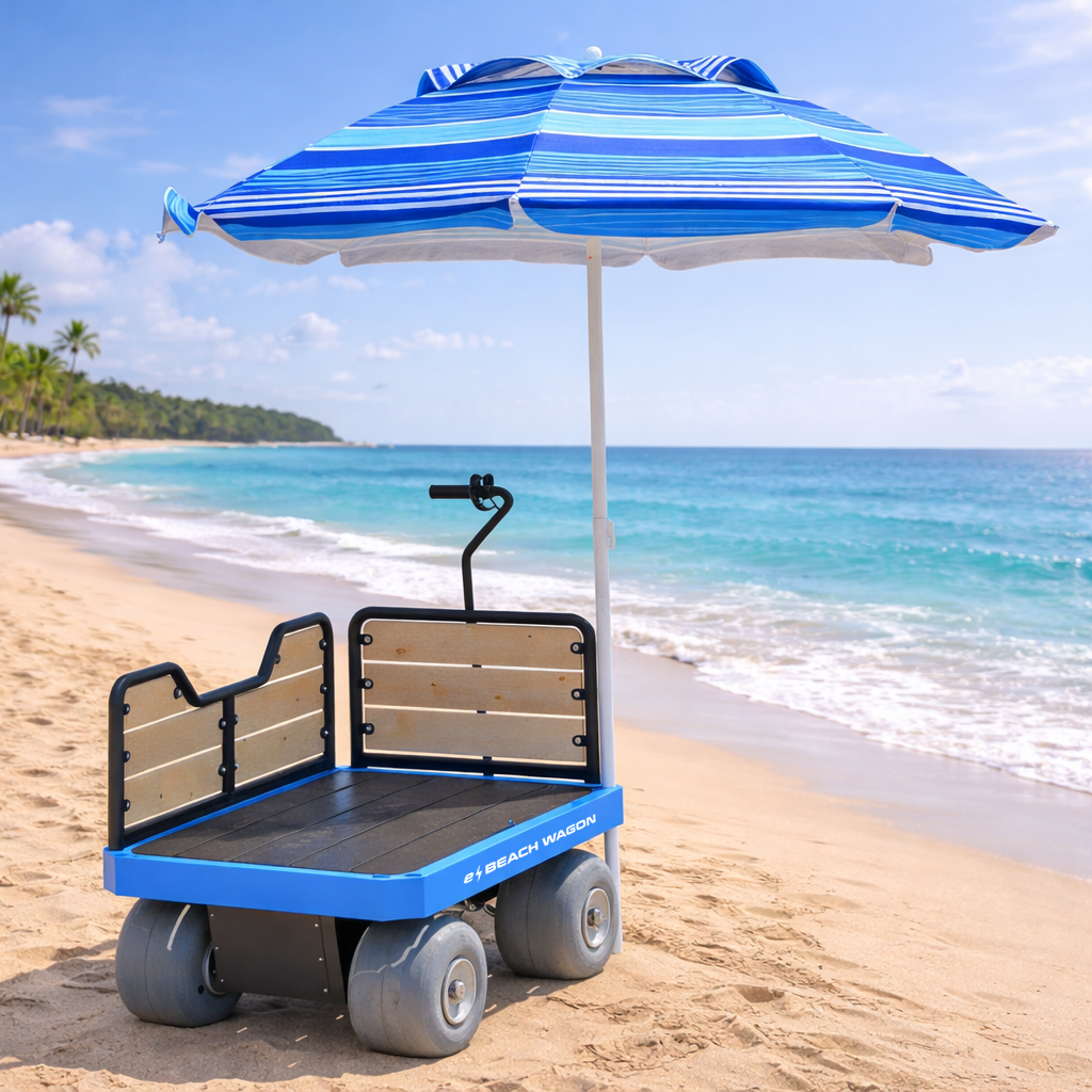 e-Beach Wagon on beach with two railings removed and umbrella mounted
