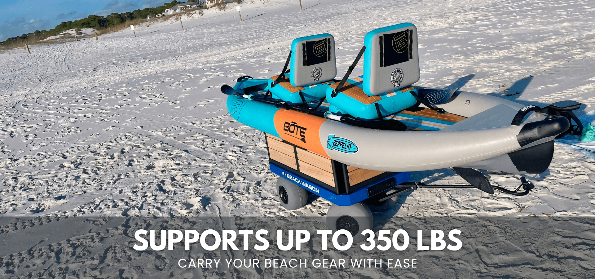 e-Beach Wagon showcasing its 350 lb weight capacity with packed gear and smooth mobility