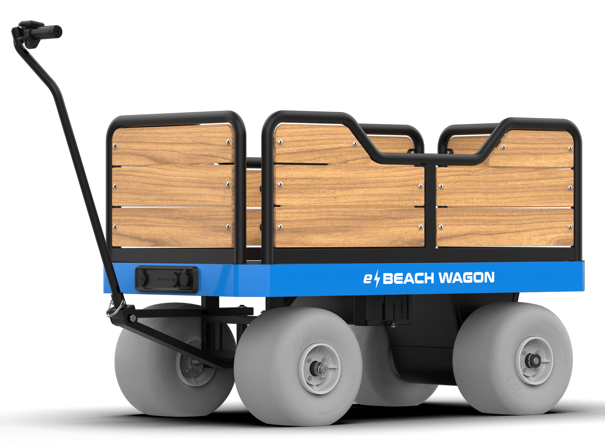 Angled view of the e-Beach Wagon featuring tall railings and rugged balloon wheels