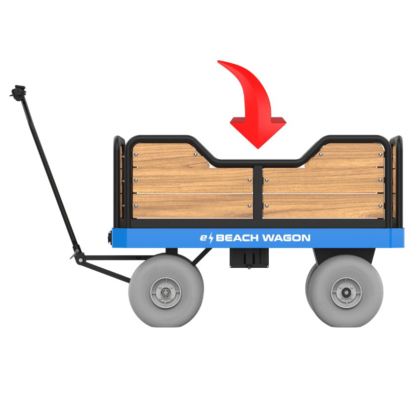 e-Beach Wagon's centered lowered railings fit surfboards, kayaks, paddle boards