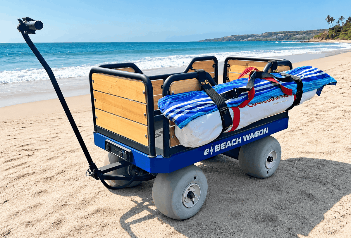 Beach umbrella and Cool Cabana strapped to the side of an e-Beach Wagon with a 16" Wrap-It strap