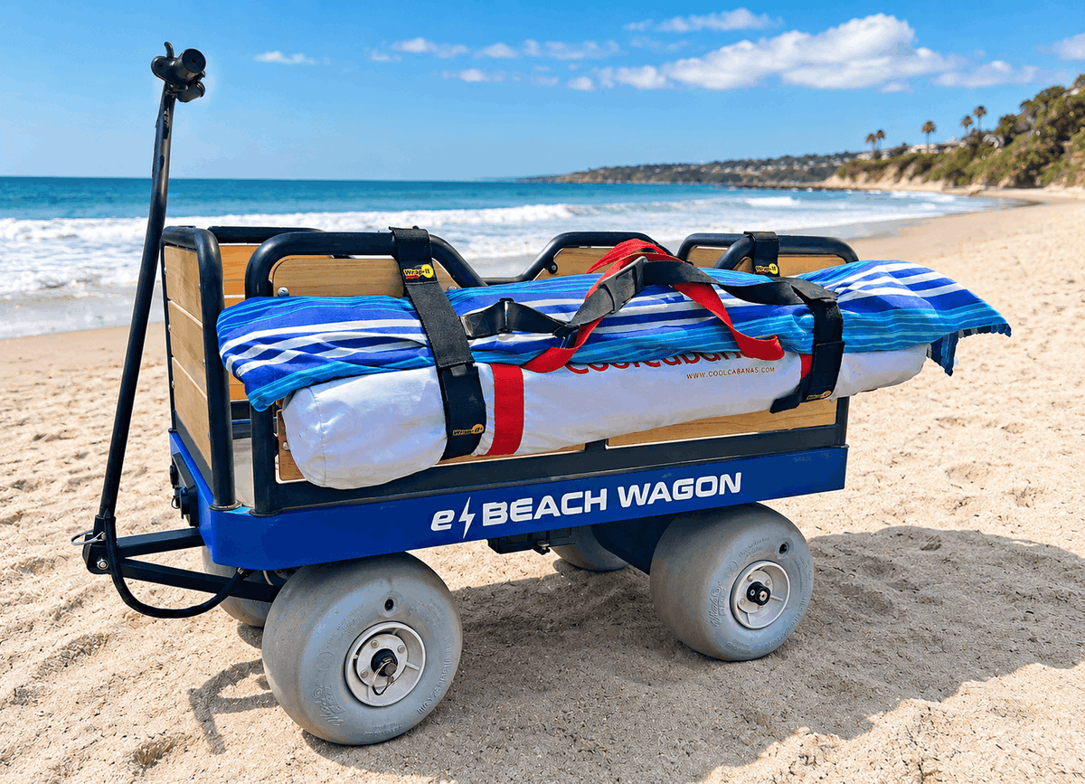 Wrap-It straps hold a beach umbrella and Cool Cabana tent on an e-Beach Wagon
