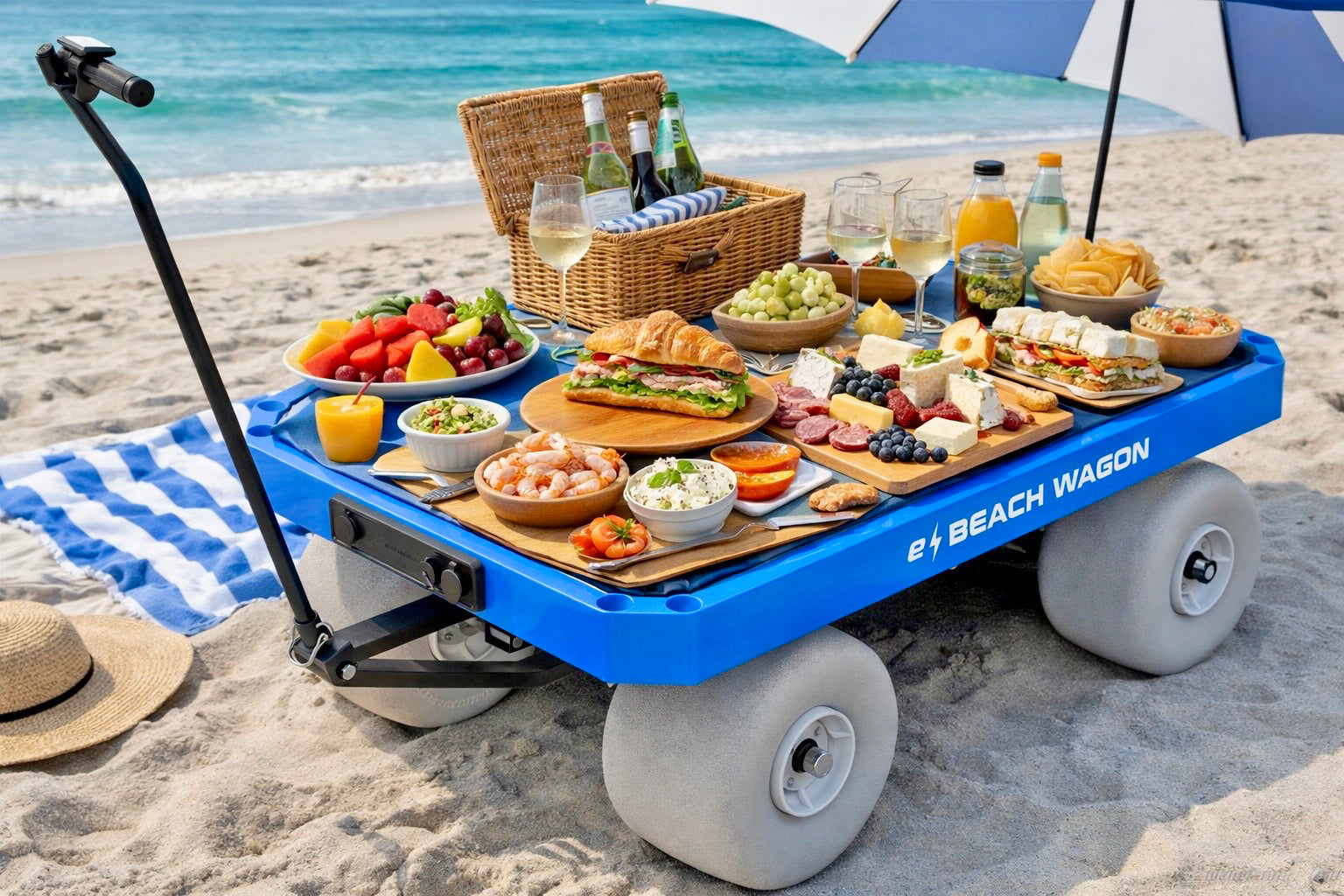 e-Beach Wagon used as a beach picnic table loaded with food and drinks on the sand