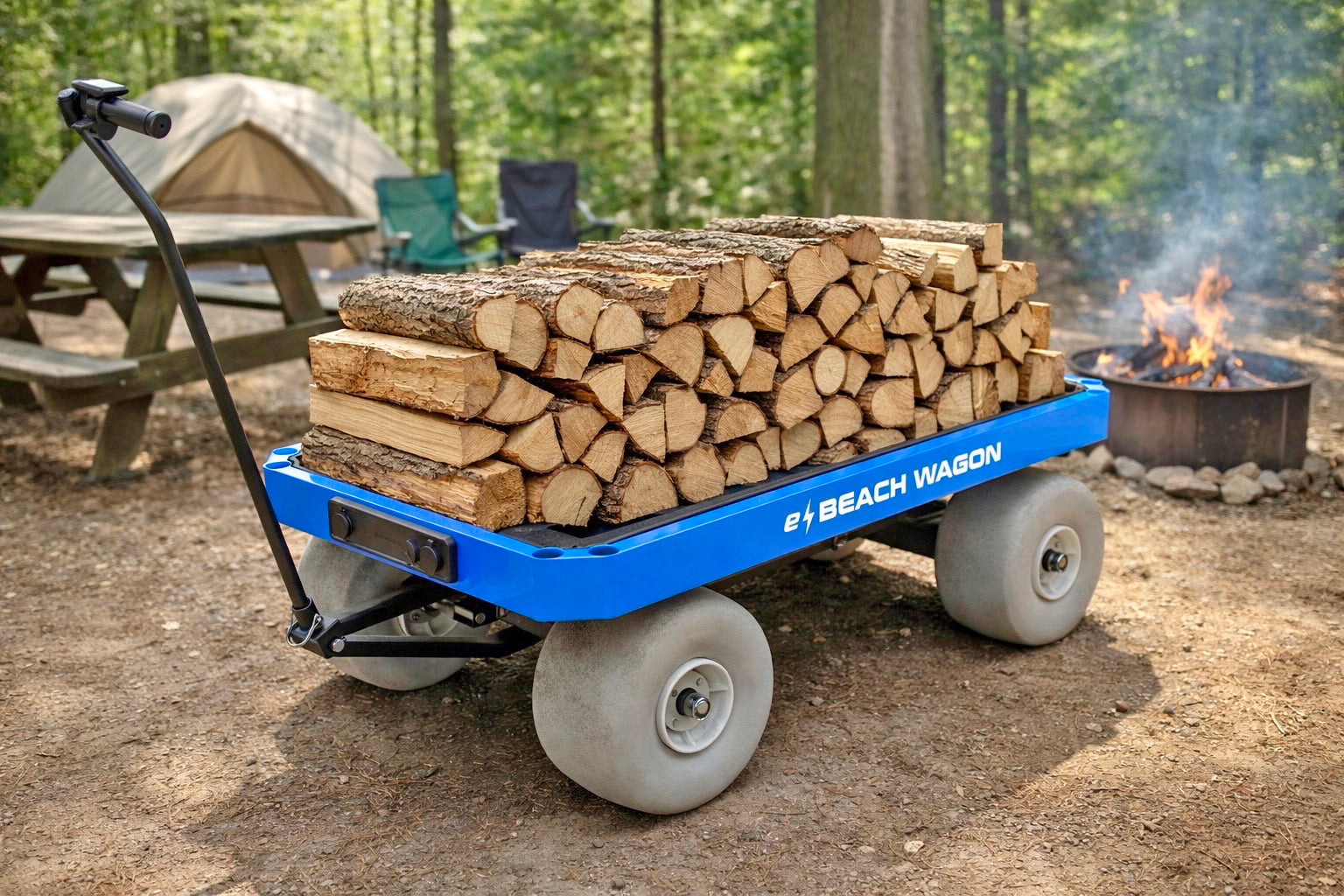 electric wagon hauling firewood at a campsite for camping and outdoor use
