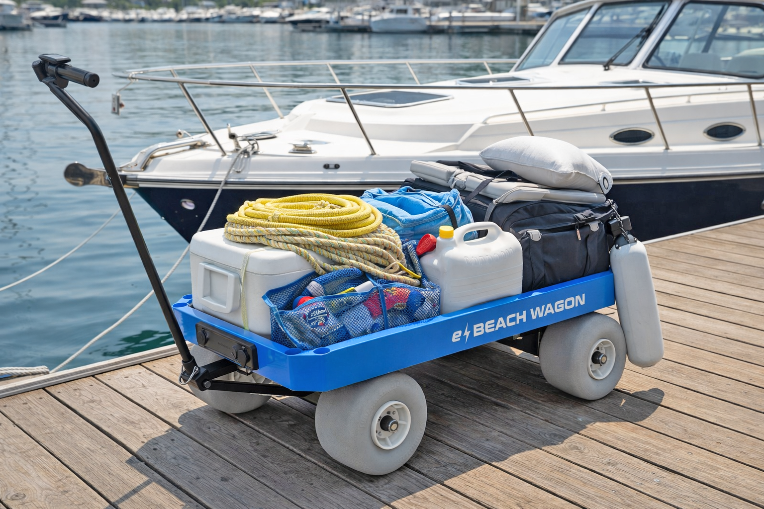 electric wagon transporting marina supplies and boating gear on a dock
