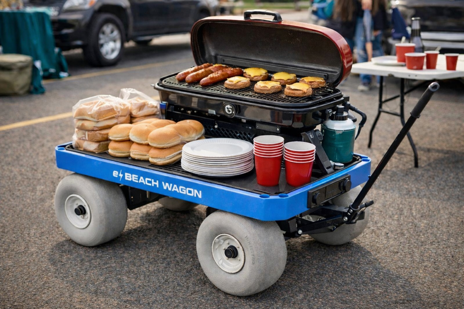 electric wagon used for tailgating with grill burgers and drinks at a football game